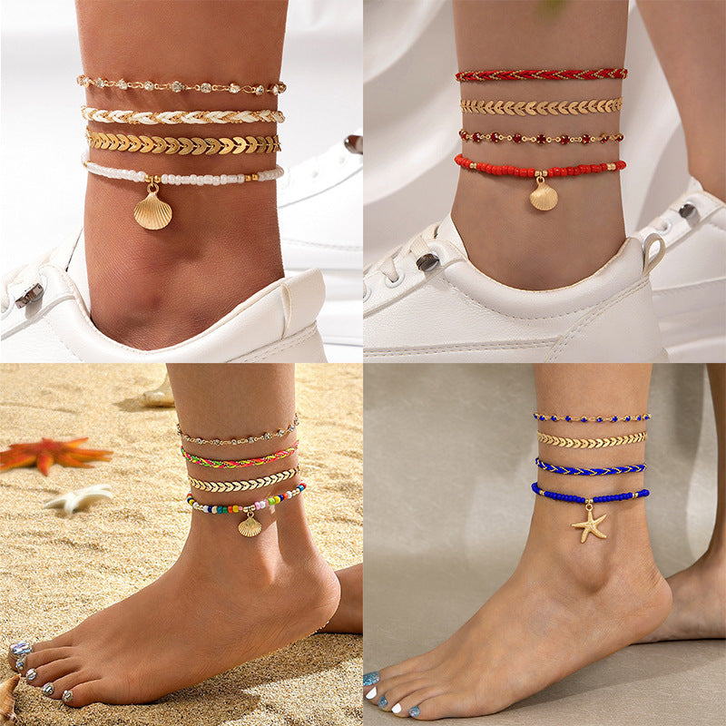 4-Piece Bohemian Woven Rope Foot Chain Set