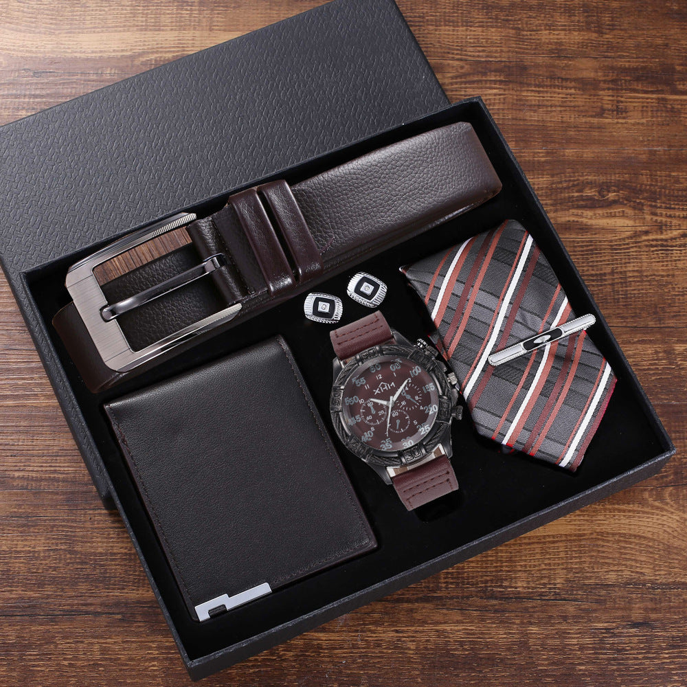 5pcs Set Boutique Gift Belt Wallet Tie Large Dial Quartz Watch Cufflinks