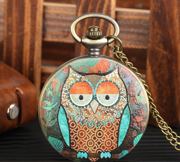 Flip Cartoon Owl Pattern Pocket Watch Cute Student's