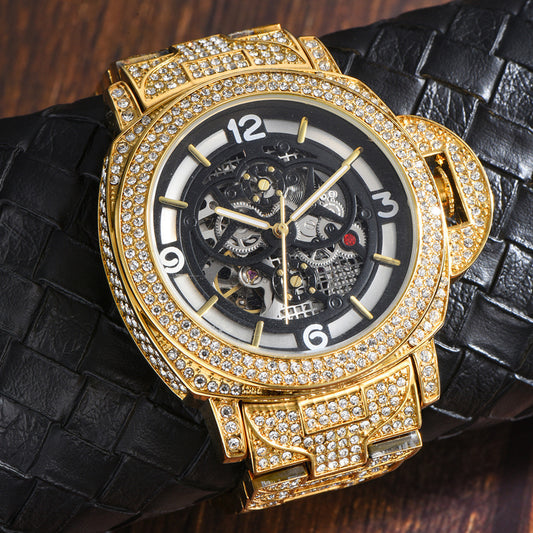 Men's Full Diamond Luminous Hollow Out Bottom Mechanical Watch