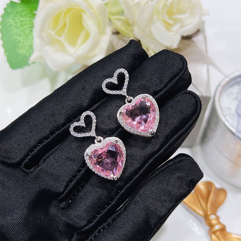 2023 New Light Luxury Premium Feeling Pink Crystal Heart Earrings For Women Girls Niche Design Earrings Birthday Jewellery Gift