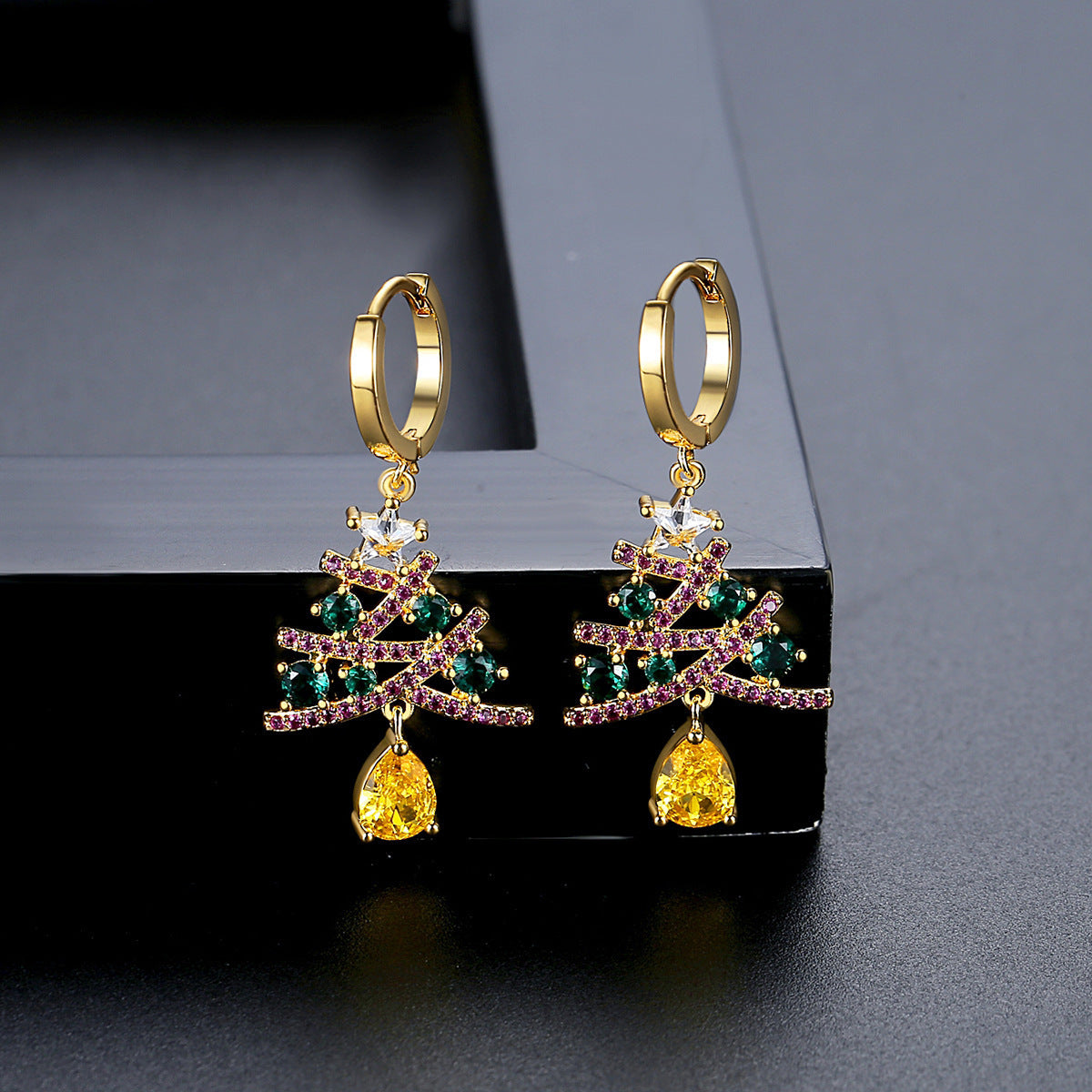 Christmas Tree Earrings with Colorful Rhinestones