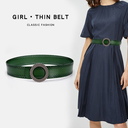 Green Women Belt No Hole Ladies Belts For Dresses Real Leather