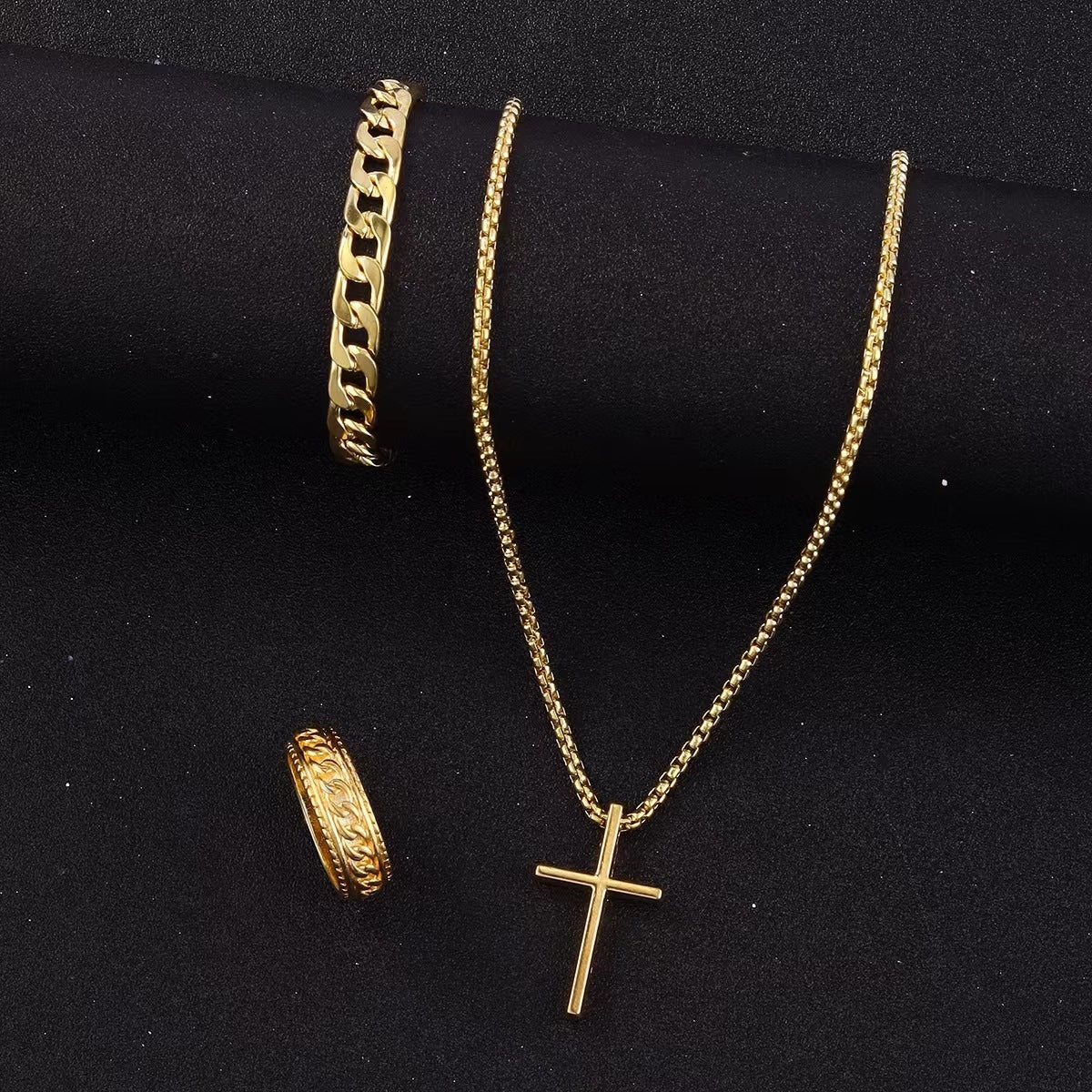 Men's Cross Necklace, Ring & Bracelet Suit