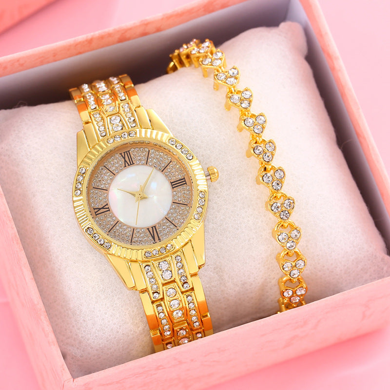 Diamond-embedded Luxury Starry Sky Shell Surface Women's Fashion All-match Elegant Bracelet Set Quartz Watch