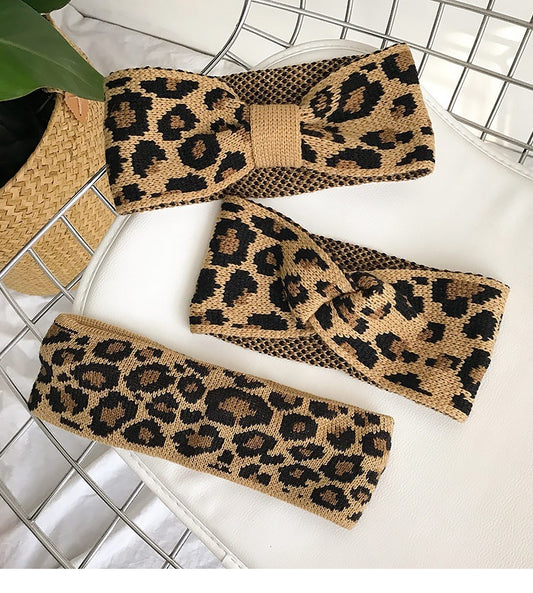 Retro Fashion Leopard Knit Headband With Wash Face Wide Side