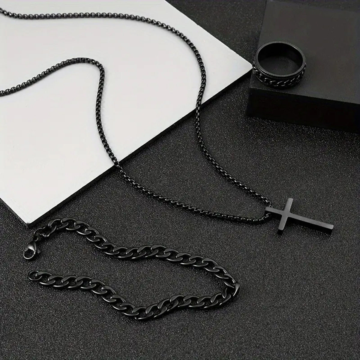 Men's Cross Necklace, Ring & Bracelet Suit