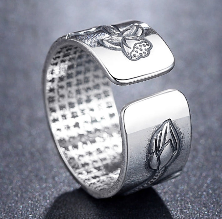 Thai Silver Black Lotus Heart Sutra  Ring