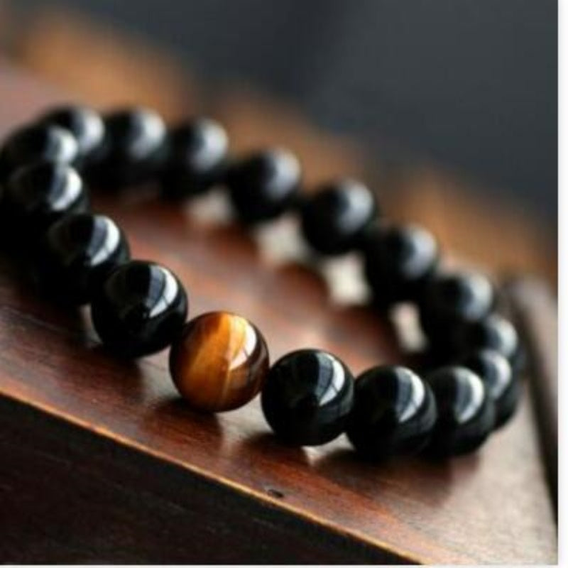 Natural Black Onyx With Stone Tiger Eyes Energy Bracelet