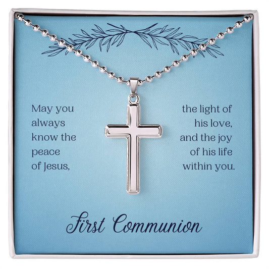 Stainless Cross Necklace With Message Card : Religious Gifts - May You Always Know the Peace of Jesus - for First Communion