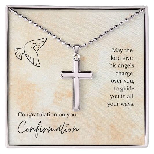 Stainless Cross Necklace With Message Card : Religious Gifts - May the Lord Give his Angels Charge Over You - for Confirmation