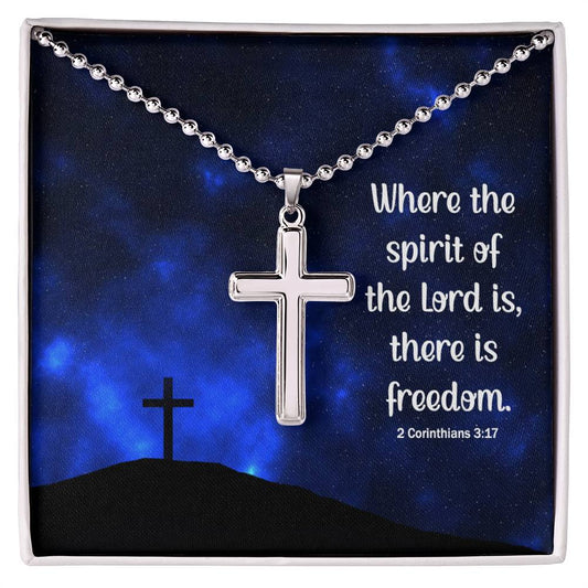 Stainless Cross Necklace With Message Card : Religious Gifts - Where the Spirit of the Lord is, There is Freedom