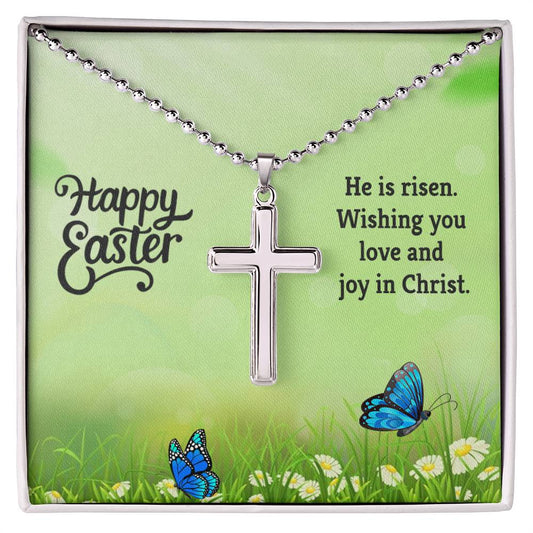 Stainless Cross Necklace With Message Card : Religious Gifts - He is Risen Wishing you Love and Joy in Christ - for Easter