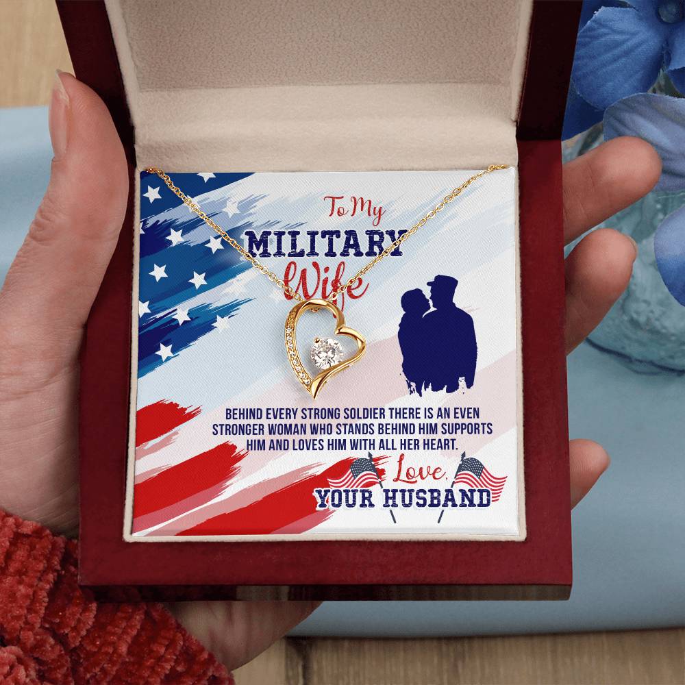 Forever Love Necklace with Message Card : Gifts for Wife - To My Military Wife, Behind Every Strong Soldier there is - For Anniversary, Birthday