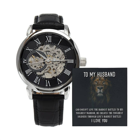 Men's Openwork Watch with Message Card : Gifts for Husband - God Doesn't Give the Hardest Battles to his Toughest Warrior - For Anniversary, Birthday