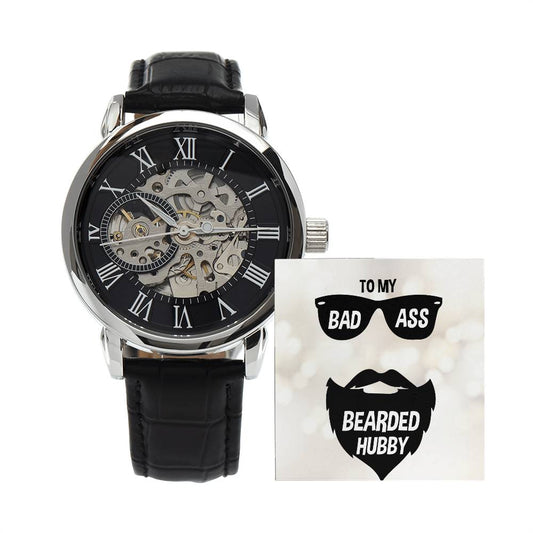 Men's Openwork Watch with Message Card : Gifts for Husband -To My Badass Bearded Hubby - For Anniversary, Birthday