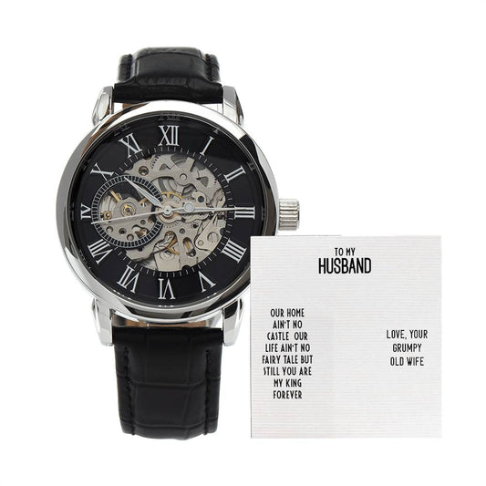 Men's Openwork Watch with Message Card : Gifts for Husband - Our Home Ain't no Castle Our Life Ain't no - For Anniversary, Birthday