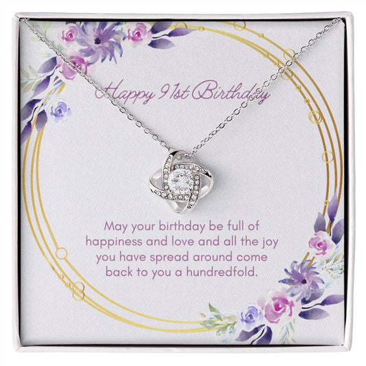 Birthday Gifts for Her: 91st Birthday Gift - Love Knot Necklace with Message Card - For Wife, Girlfriend, Sister, Daughter, Friend