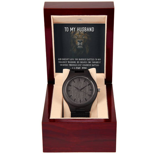 Wooden Watch with Message Card : Gifts for Husband - God Doesn't Give the Hardest Battles to his Toughest Warrior - For Anniversary, Birthday