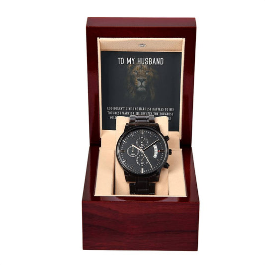 Black Chronograph Watch with Message Card : Gifts for Husband - God Doesn't Give the Hardest Battles to his Toughest Warrior - For Anniversary, Birthday