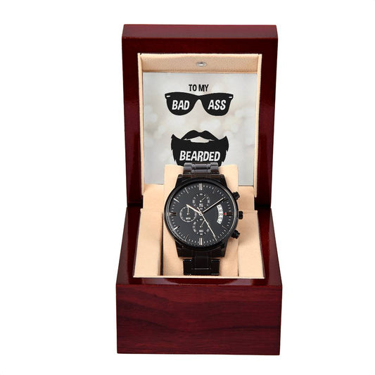 Black Chronograph Watch with Message Card : Gifts for Husband -To My Badass Bearded Hubby - For Anniversary, Birthday