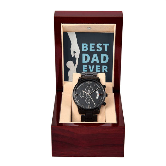 Black Chronograph Watch with Message Card : Gifts For Dad - The Best Dad Ever - Gift For Father's Day, Birthday