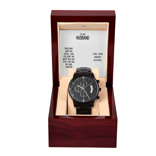 Black Chronograph Watch with Message Card : Gifts for Husband - Our Home Ain't no Castle Our Life Ain't no - For Anniversary, Birthday