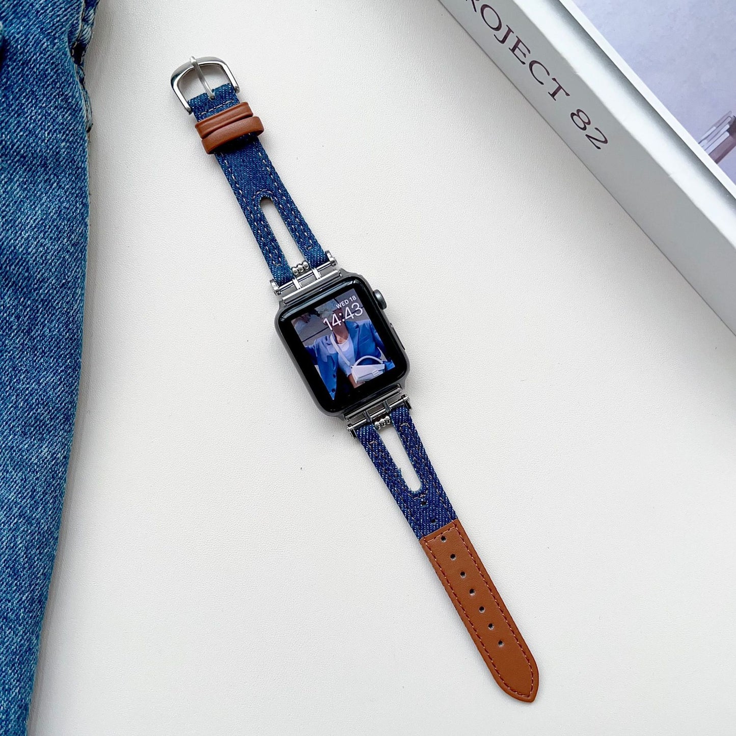 Smart Watch Metal Buckle Stitching Denim Leather Watch