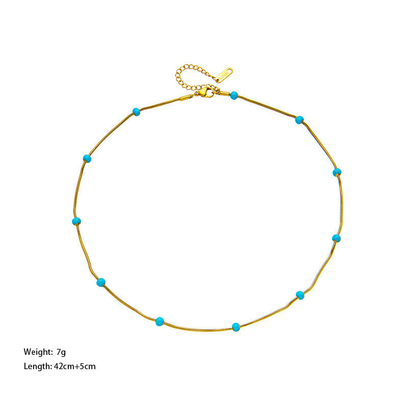 Chic 18K Gold Plated Stainless Steel Enamel Blue Bead Snake Chain Necklace