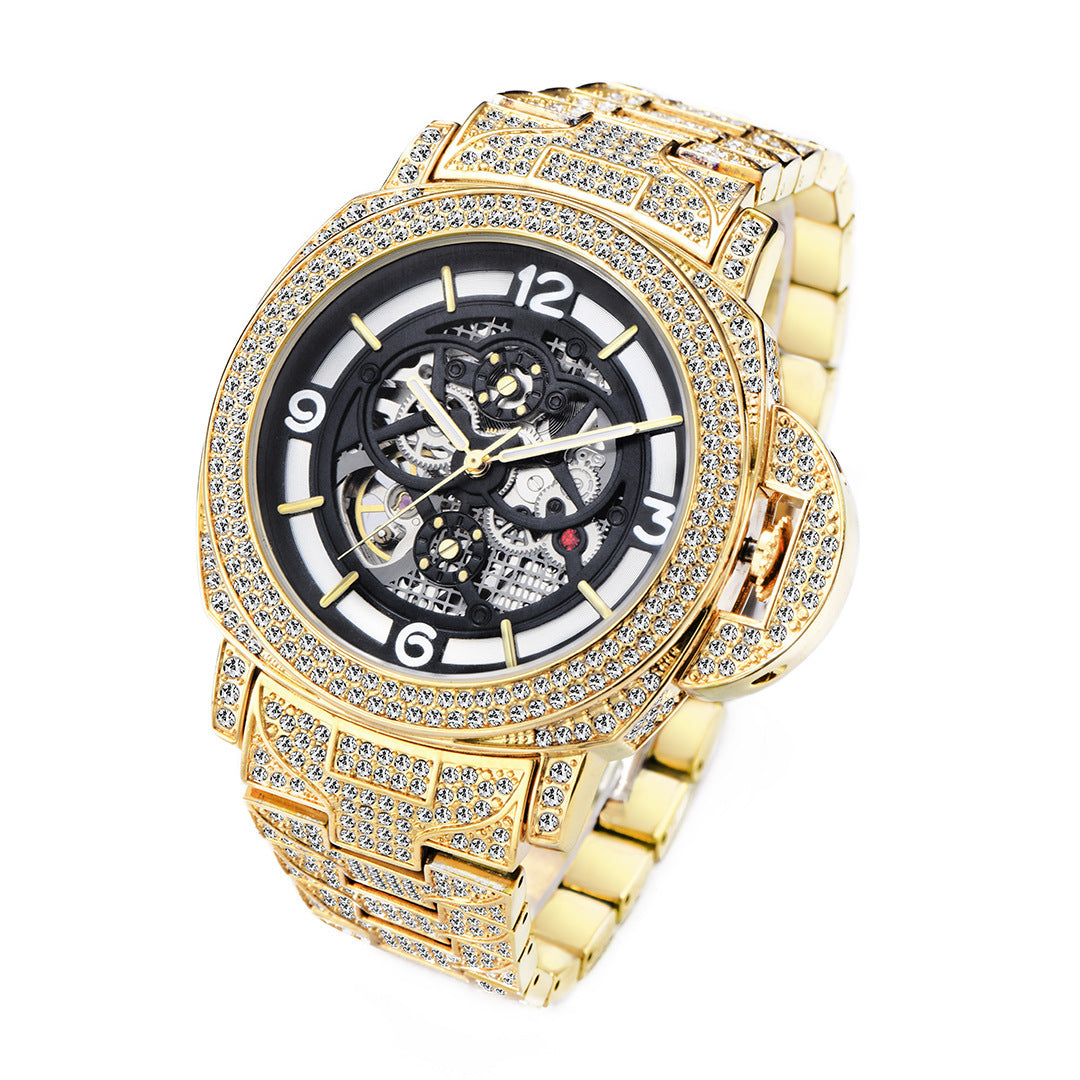 Men's Full Diamond Luminous Hollow Out Bottom Mechanical Watch