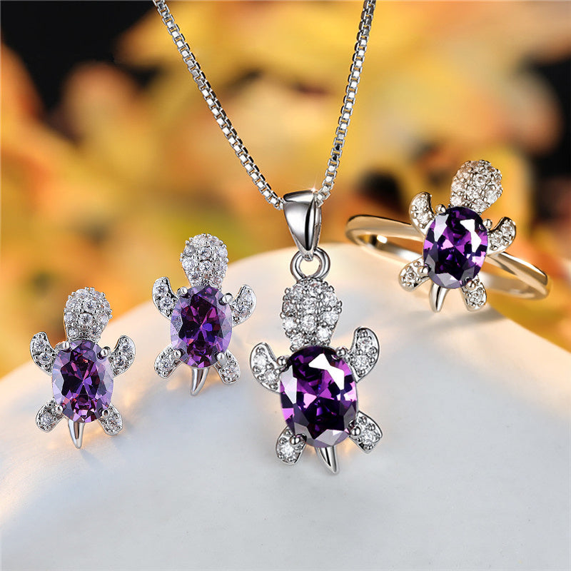 Elegant Oval Zircon Turtle Necklace with Rainbow Stone