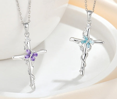 S925 Sterling Silver Zircon Pendant Cross Necklace For Women