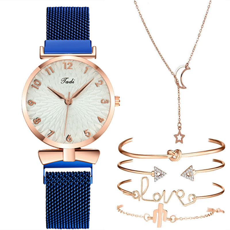 Casual Gift Set Women Disc Mesh Belt Quartz Watch Bracelet Bangle Set 6pcsset