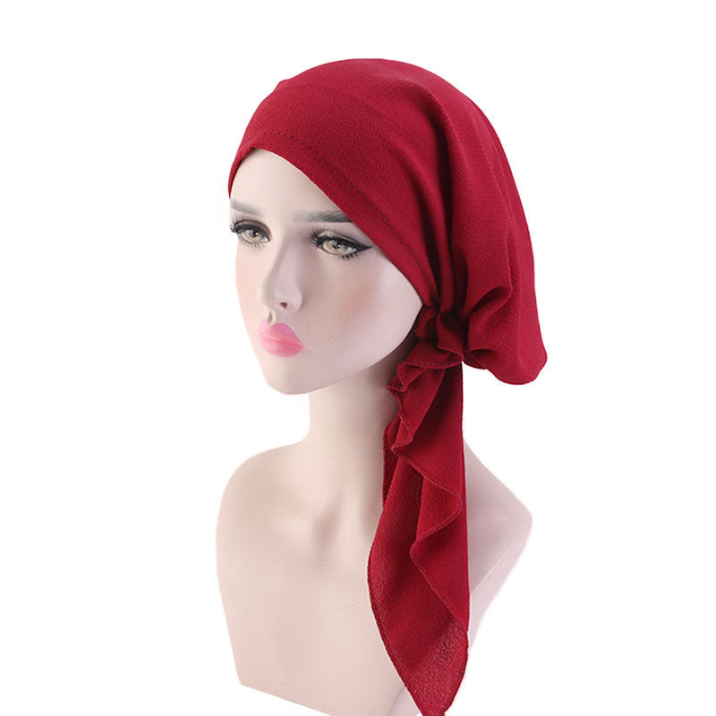 Pleated Cotton Scarf Long Tail Hat