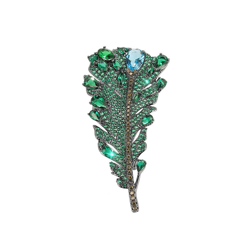 Antique Green Crystal Feather Brooch