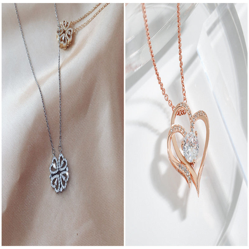Magnetic Folding Heart-Shaped Four-Leaf Clover Pendant Necklace