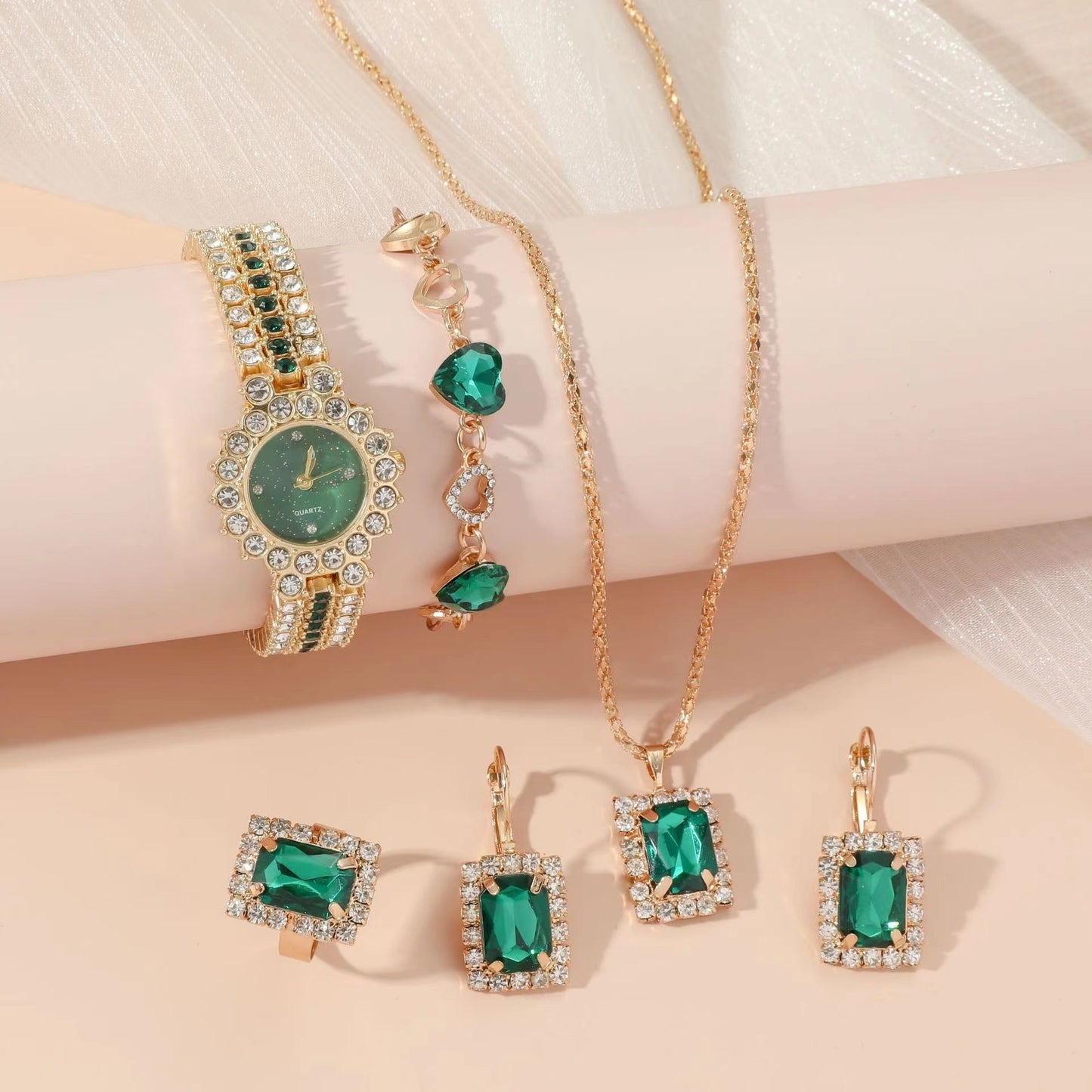 Chic Green Watch & Jewelry Five-Piece Gift Set