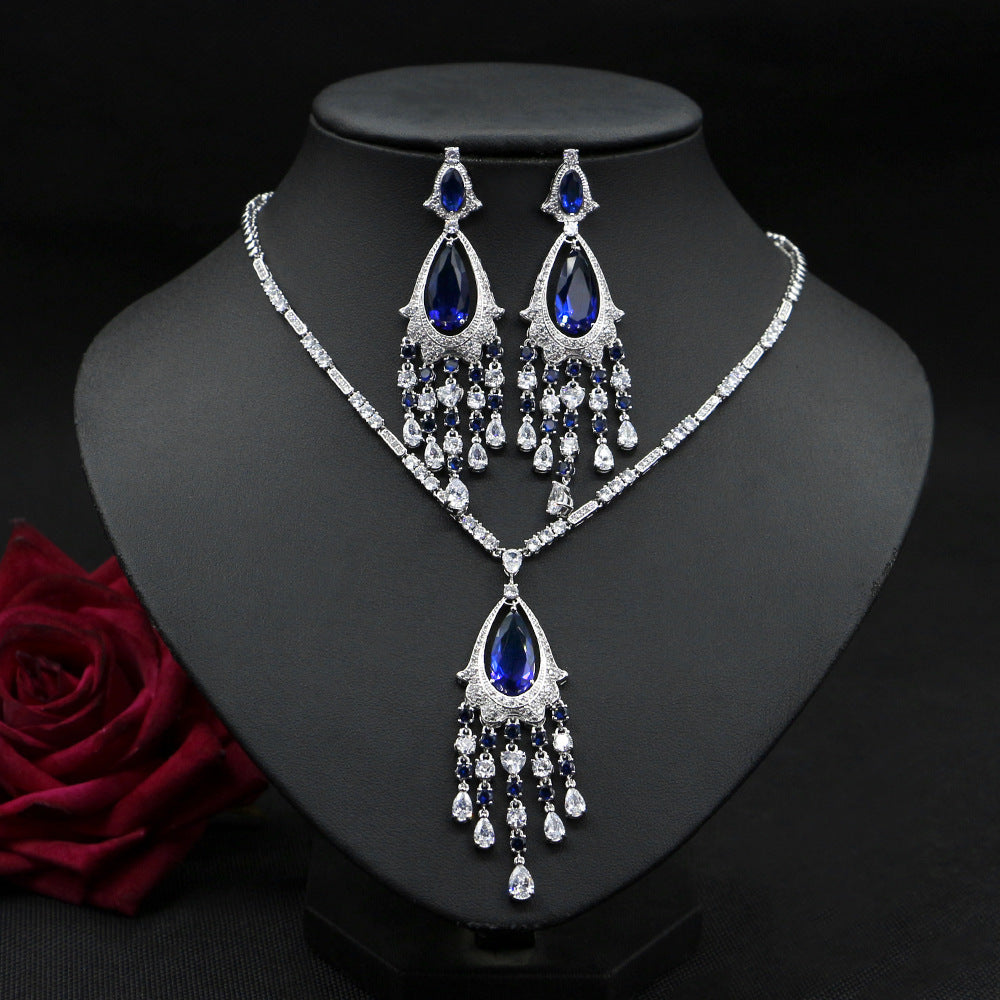 Vintage Elegant Temperament Bridal Wedding Jewelry Zircon Necklace Tassel Earrings