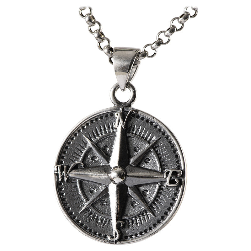 Silver Vintage Distressed Round Compass Pendant Exquisite