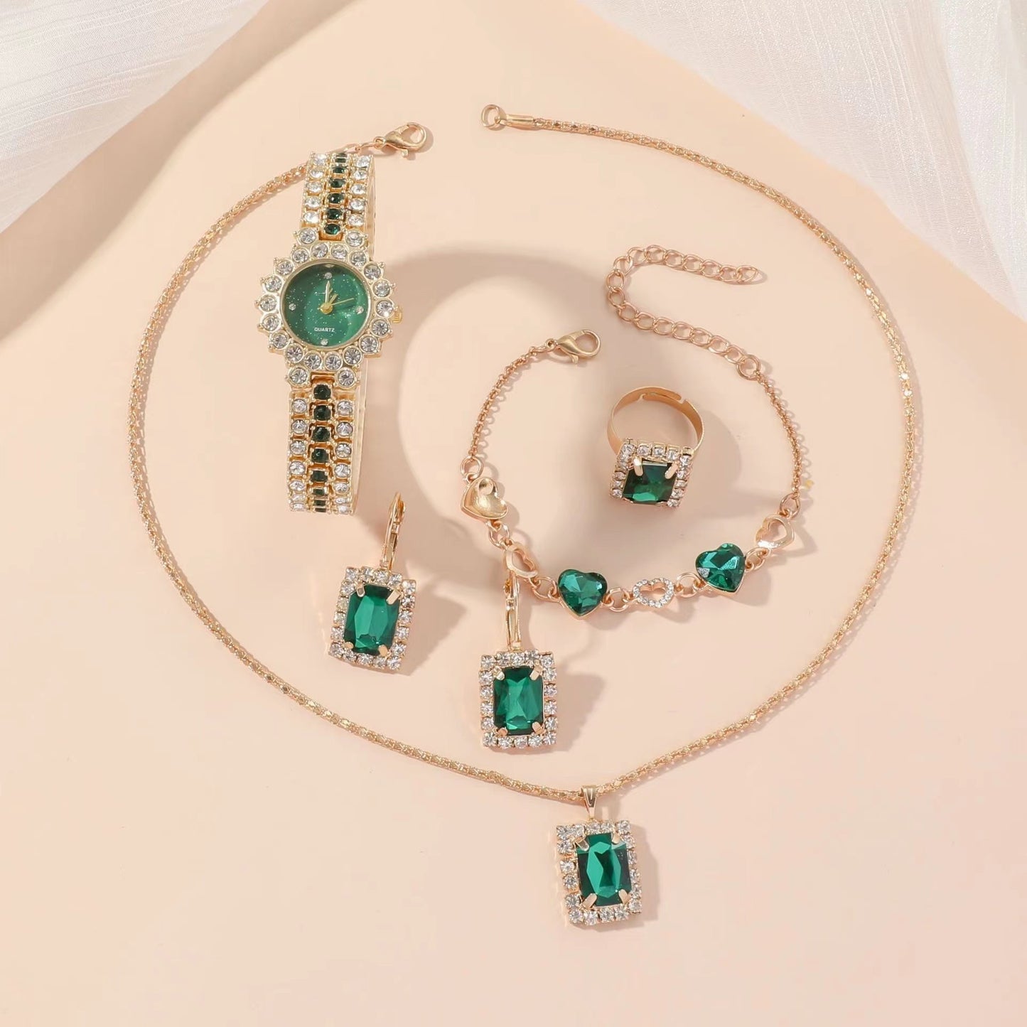 Chic Green Watch & Jewelry Five-Piece Gift Set