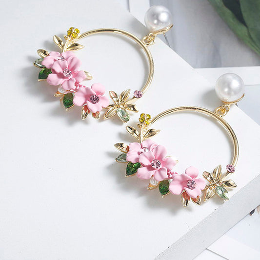 Trendy Cute Pink Flower Earrings For Women Girls Jewelry Female Rhinestone Gold Metal Round Circle Earrings Gift