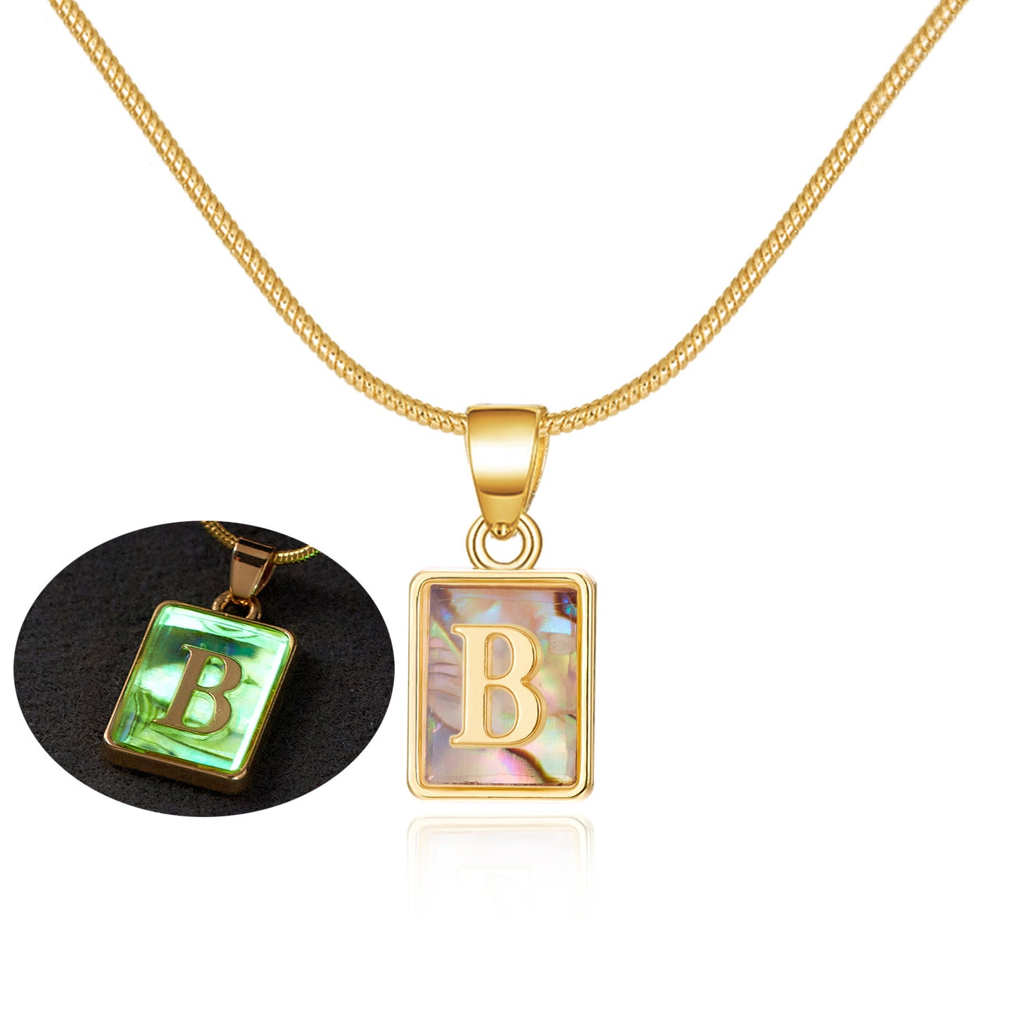 26 Letter Square Necklace Colorful Shell Luminous Pendant Chain Necklace For Women Temperament Ladies Jewelry