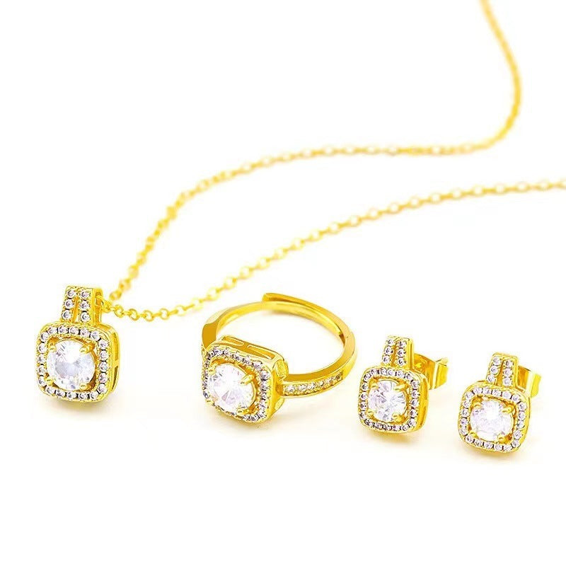 Gold Color Zircon Gem Jewelry Set - Necklace, Stud Earrings & Statement Ring