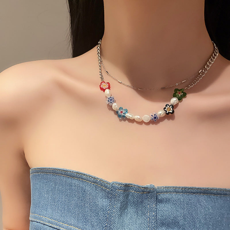 Fashionable Colorful Flower Freshwater Pearl Necklace