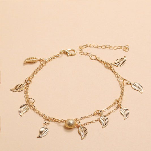 Frosted Round Beads, Small Leaves And Tassel Feet With Double-Layer Anklets