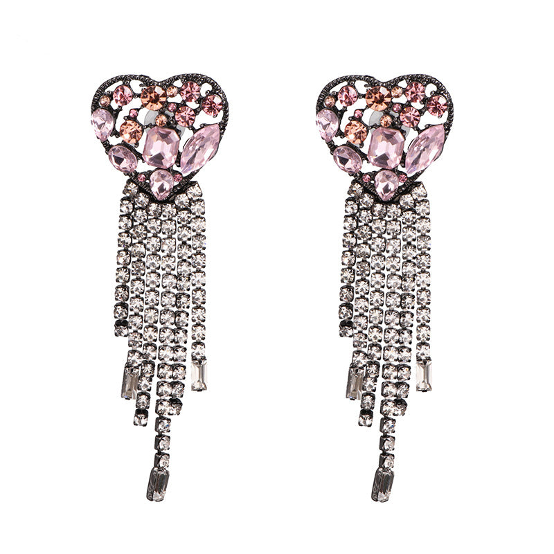 Fashion Exaggeration Jewelry Alloy Diamond-encrusted Heart Pendant Earrings