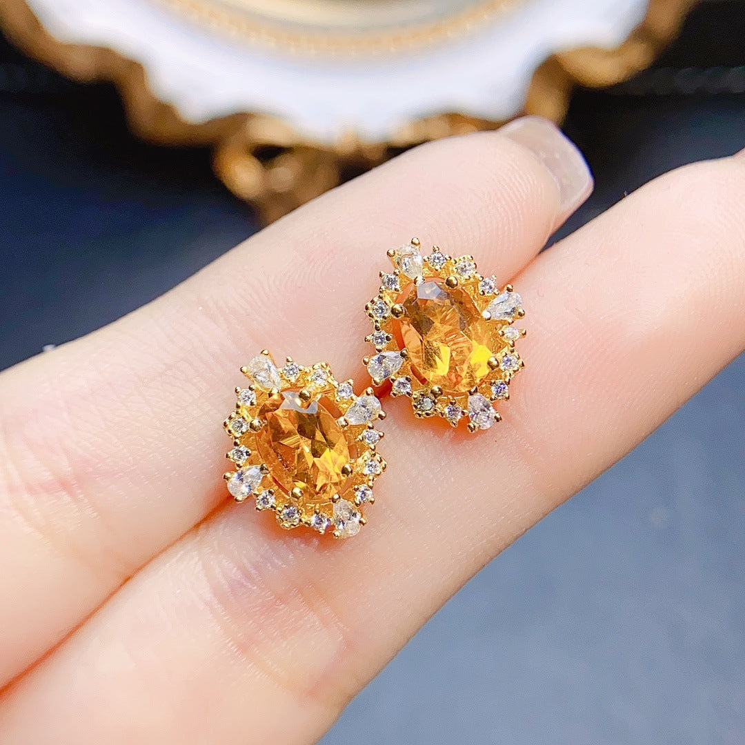 Natural Citrine Stud Earrings S925 Silver Inlaid Main Stone 57