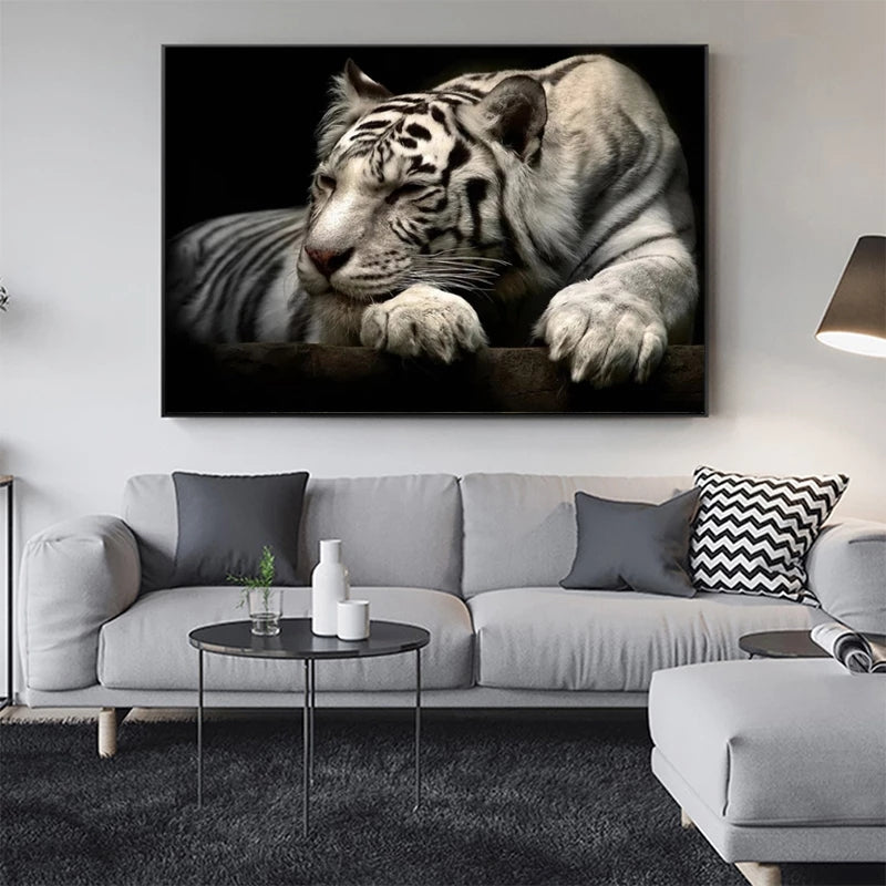 Black And White Tiger Canvas Animal Poster Home Decor