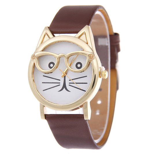 Cartoon Watch With Glasses Cat Student Belt Watch Women's Quartz Watch Gift Watch