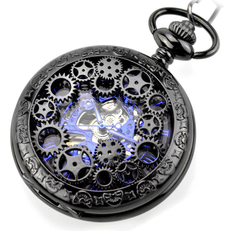 Gear Gun Black Mechanical Pocket Watch Vintage Flip Denim Chain Hollow Pocket Watch Men's And Ladies' Watches